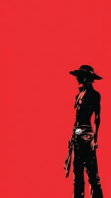 Silhouetted pirate hero stands alone against bold red field.