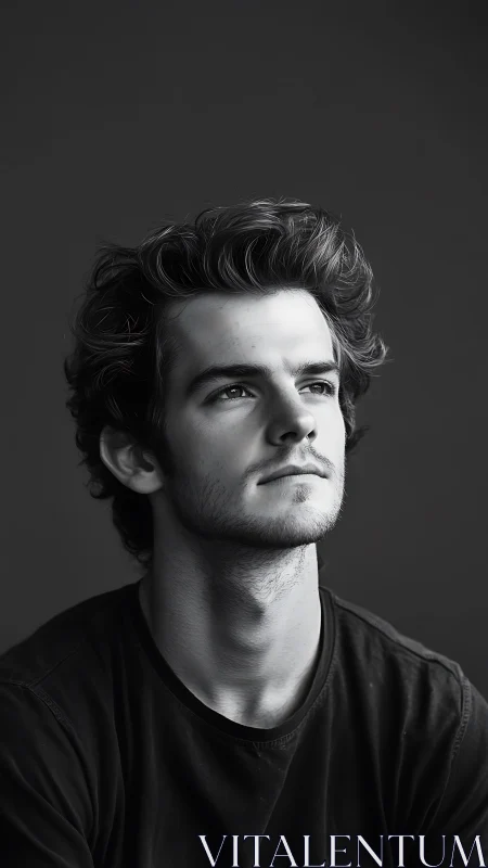 Monochrome male portrait with contemplative upward gaze.