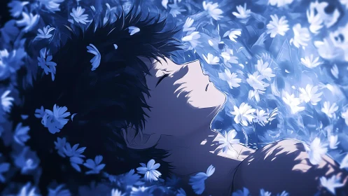 Noctilucent floral field with backlit anime figure repose.