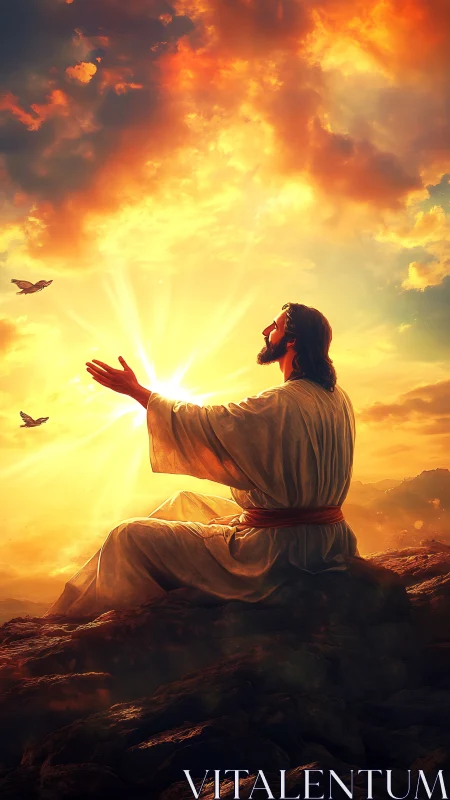 Radiant robed figure seated on rocks beneath blazing golden sky