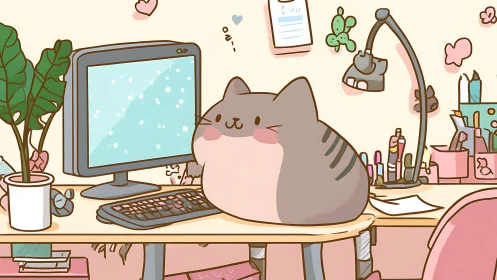 Content Creator's Workspace with Cat at Computer Desk