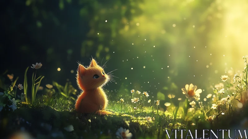 Backlit ginger kitten contemplating pollen motes in meadow