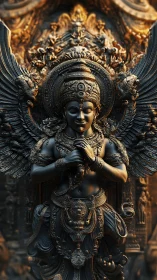 Baroque-lit winged deity sculpture rendered in dark bronze