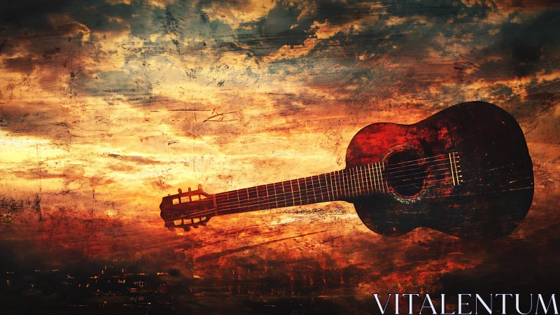Weathered acoustic guitar against fiery sunset skyscape.