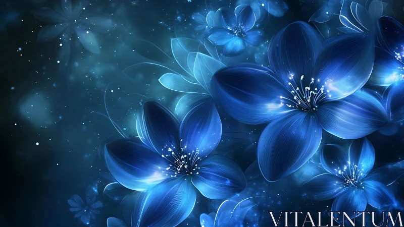 Digitally rendered blue flowers with bioluminescent glow and particle effects