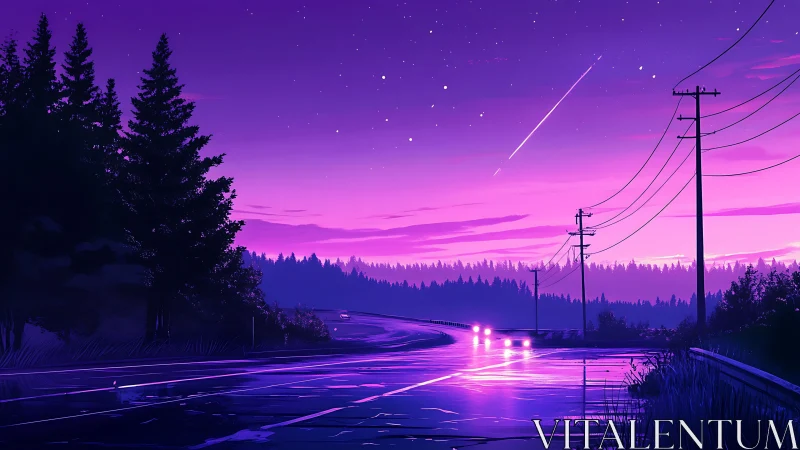 Purple twilight highway with car headlights and forested horizon.