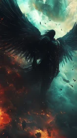 Stormlit Fallen Seraph Rising Above Embered Skies.
