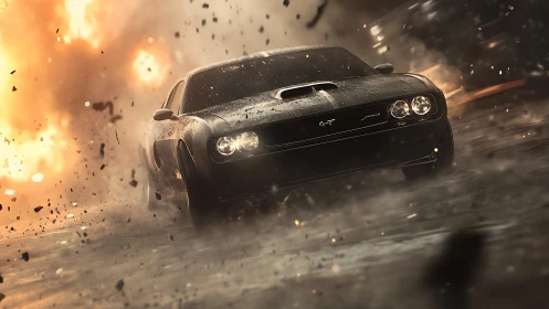 Muscle car outruns a roaring firestorm of shrapnel and smoke.