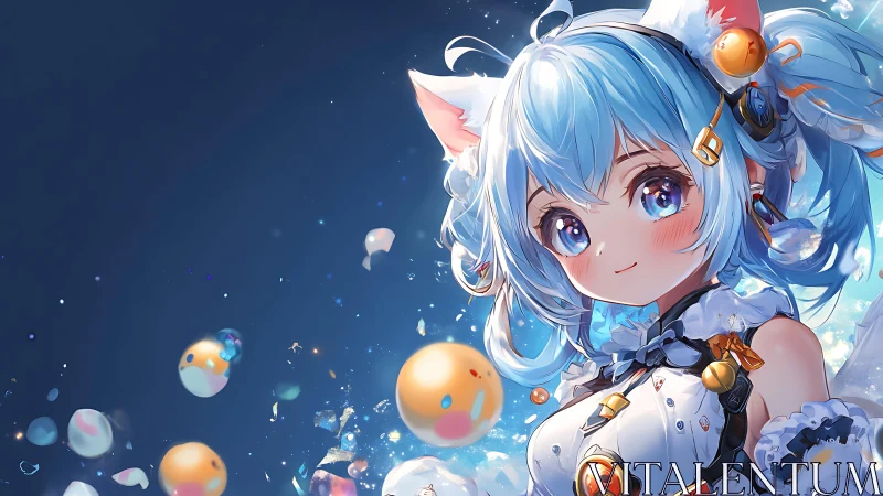 Blue haired catgirl in space with floating orbs portrait