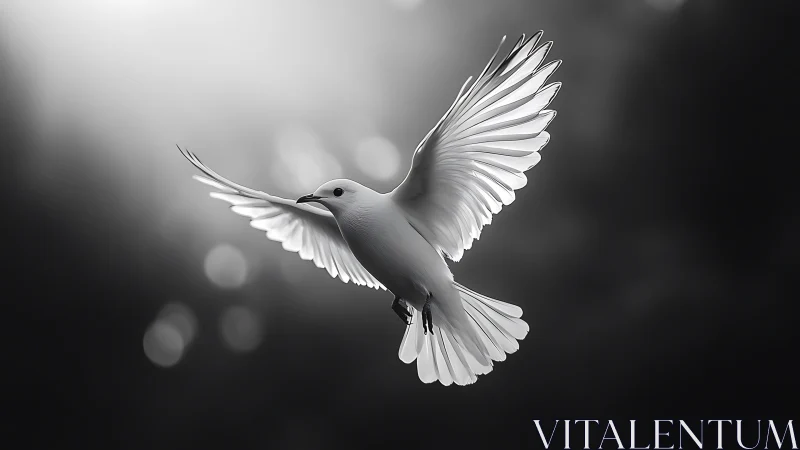 Luminous Dove in Flight: Monochromatic Serenity.