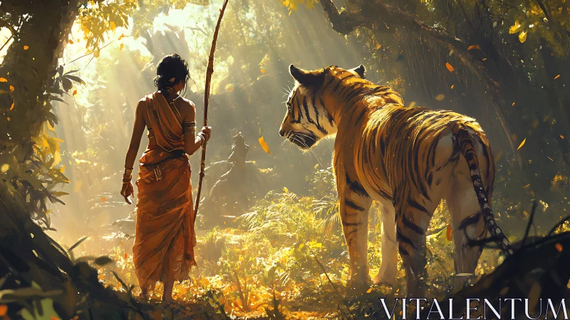 Jungle dawn pact between wanderer and watchful tiger.