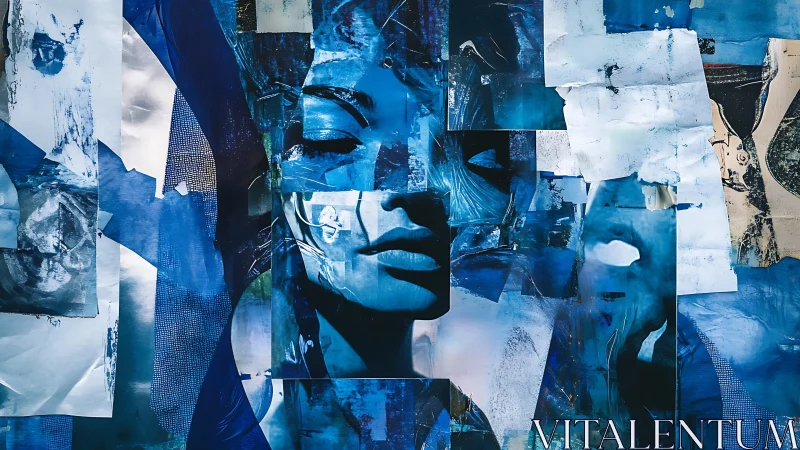 Layered cyanotype collage constructs fragmented female portrait plane