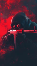 Hooded sniper silhouette amid red smoke and shadows.