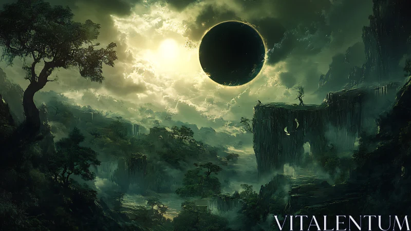 Dark eclipsed planet above misty alien canyon world.