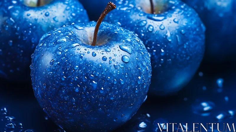 Macro close-up of saturated blue apples with uniform water droplets