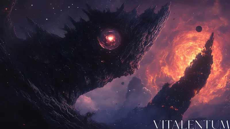 Cosmic leviathan looms over burning galactic vortex sky