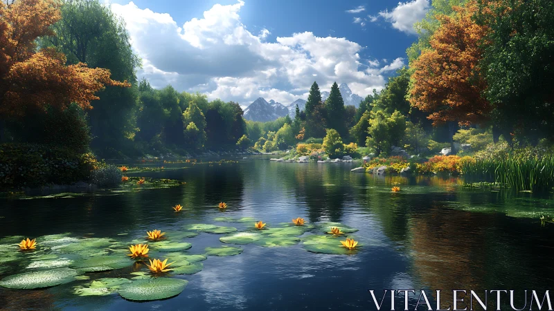 Autumnal river valley with lilies rendered in photoreal detail