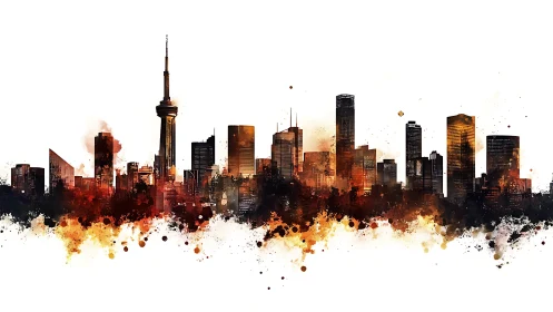Ink-splatter metropolitan skyline with fiery chromatic diffusion.