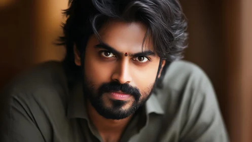 Man with beard and tilak stares directly into the camera