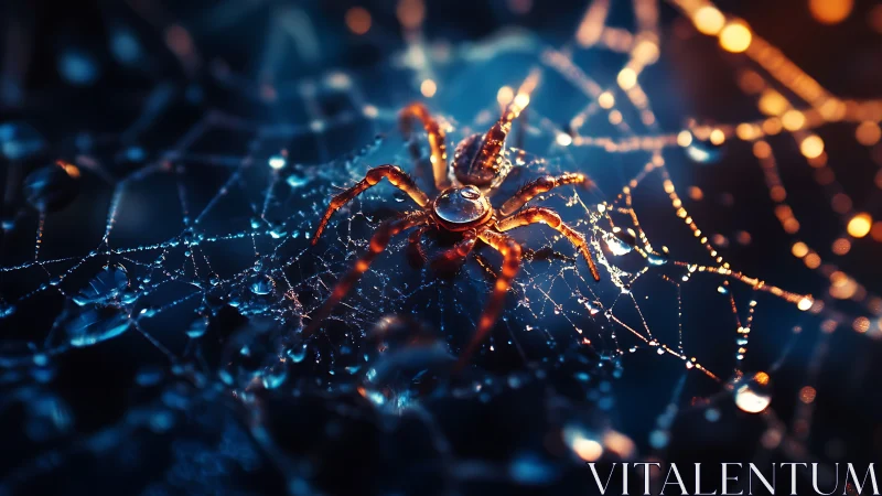 Glowing spider resting on a dewy web in dreamy night light.