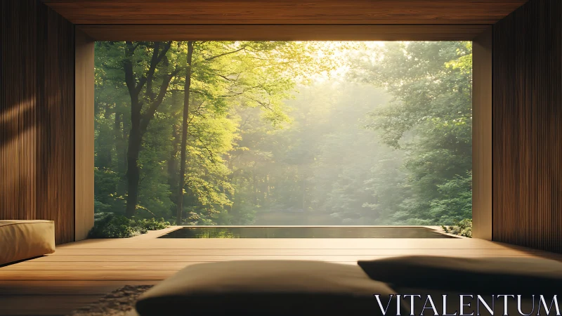 Forest-bathed retreat frames a tranquil sunlit woodland pool.