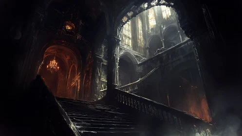 Moody grand staircase glowing with eerie golden light.