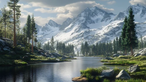 Quiet mountain lake rests below bright snowy peaks