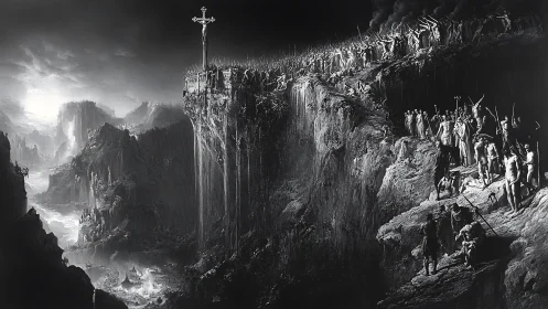 Monochrome cliffside procession converges on distant crucifix