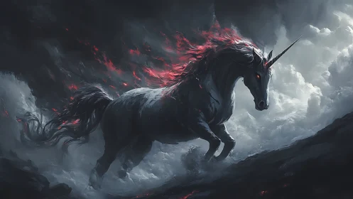Stormlit shadow unicorn gallops through swirling crimson flame