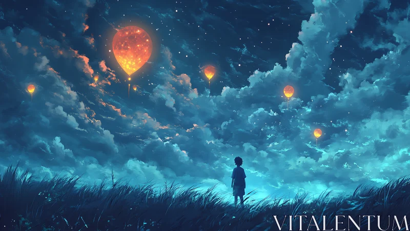 Child beneath luminous sky lanterns in dreamy nightscape.