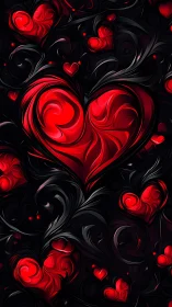 Luminescent Red Hearts with Baroque Swirl Ornaments on Obsidian Ground
