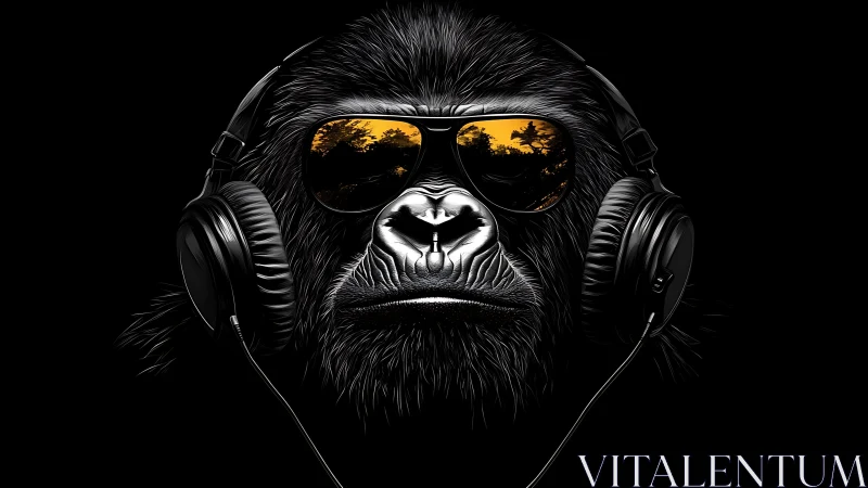 Gorilla in mirrored shades listens through bold studio headphones.