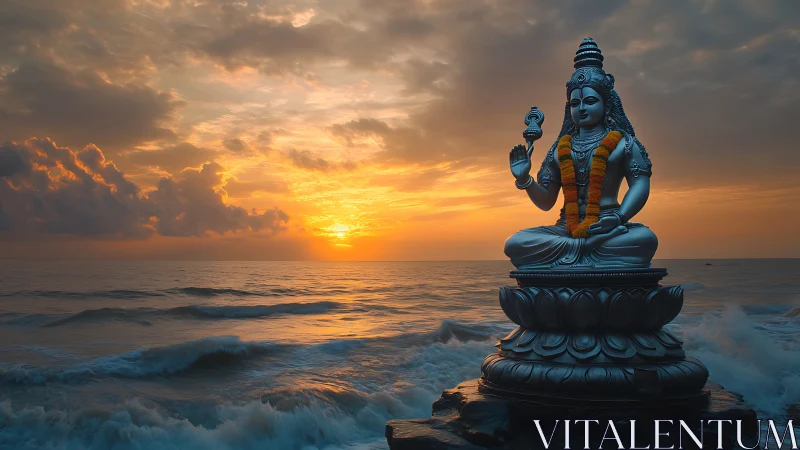 Metallic deity statue sits on coastal rock at ocean sunset
