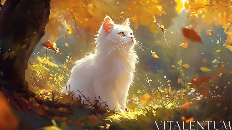 White Cat Among Golden Autumn Leaves in Sunlit Forest