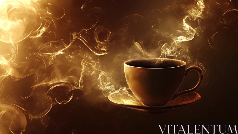 Golden Liquid Coffee Cup with Luminescent Steam Effects.