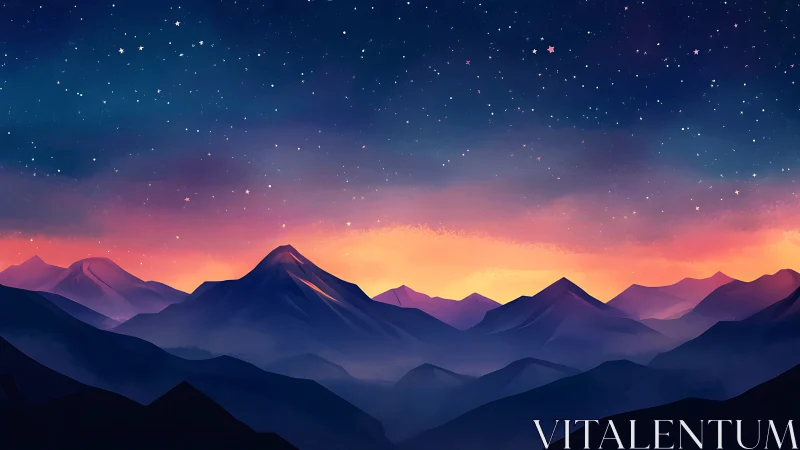 Starlit mountain range under luminous sunset gradient