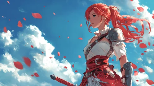 Skybound scarlet swordswoman among drifting rose petals.