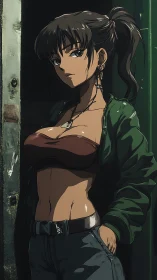 Female anime figure in urban doorway with casual attire.