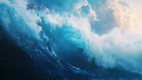 Majestic ocean wave curls toward soft glowing clouds above