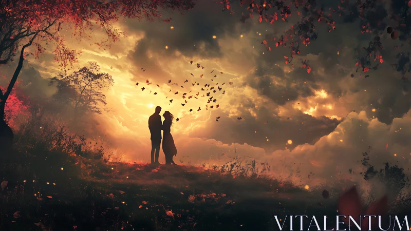 Silhouetted Couple Silhouettes Against Dramatic Golden Sunset Sky With Falling Leaves