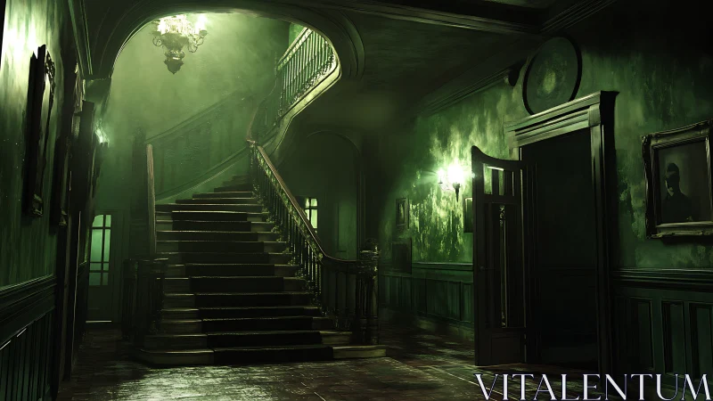Fog-drenched manor staircase rises through eerie green light