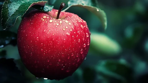Red orchard apple glistens with dew in soft bokeh field.