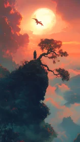 Solitary figure on cliff under dragon and glowing sun.