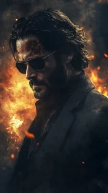 Stoic suited figure in flames with cinematic chiaroscuro lighting.