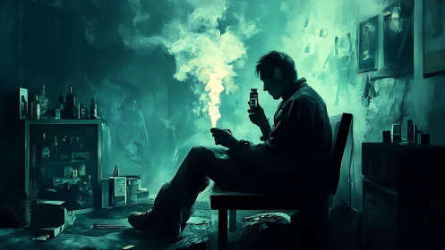 Man in dim room examining pill bottle with vapor plume.