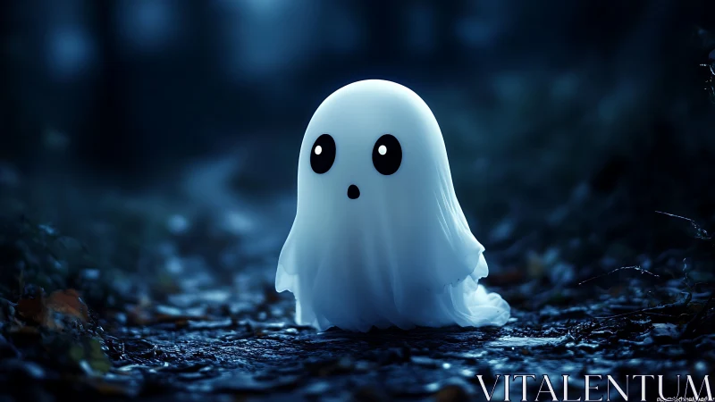 Small glowing cartoon ghost stands alone on a dark path