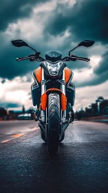 Photorealistic low-angle sport motorcycle under storm sky.