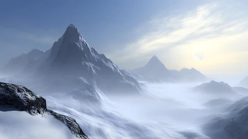 Snow-covered mountain range in cold misty sunrise light.