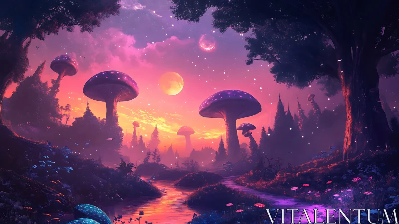 Digital landscape depicts oversized fungi under multicolored sky