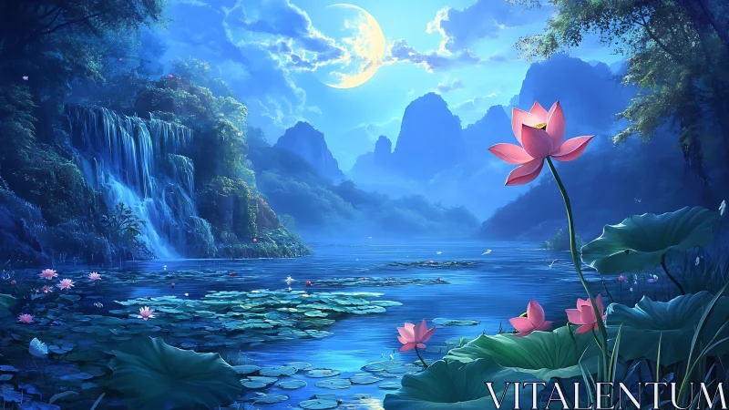 Moonlit lotus lake reflects waterfalls and distant blue peaks